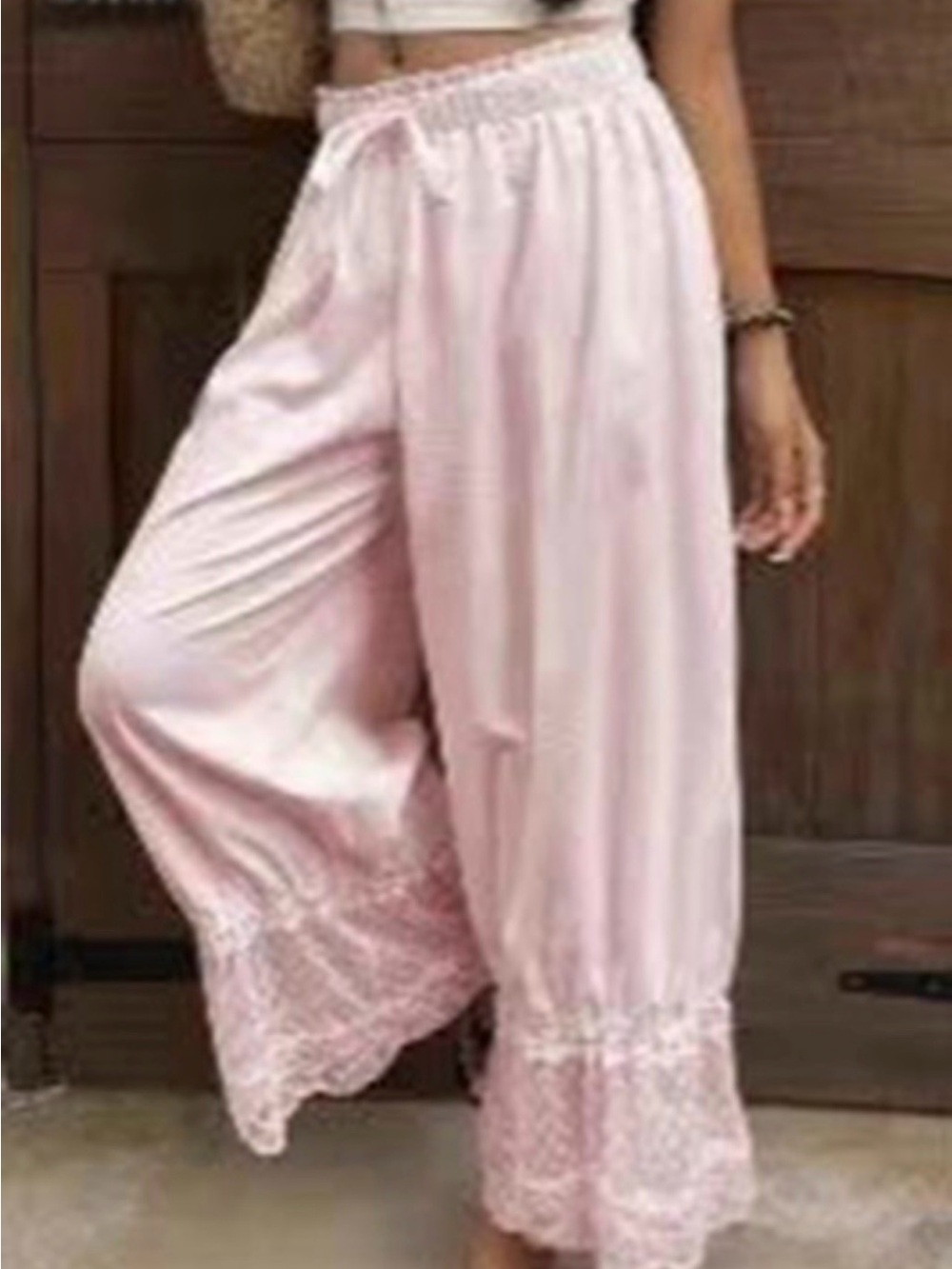 Light Pink Wide Leg Lace Trim Lounge Pants